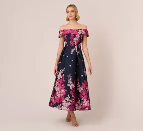 Floral Jacquard Ankle Length Dress With Off The Shoulder Neckline In Navy Pink Multi