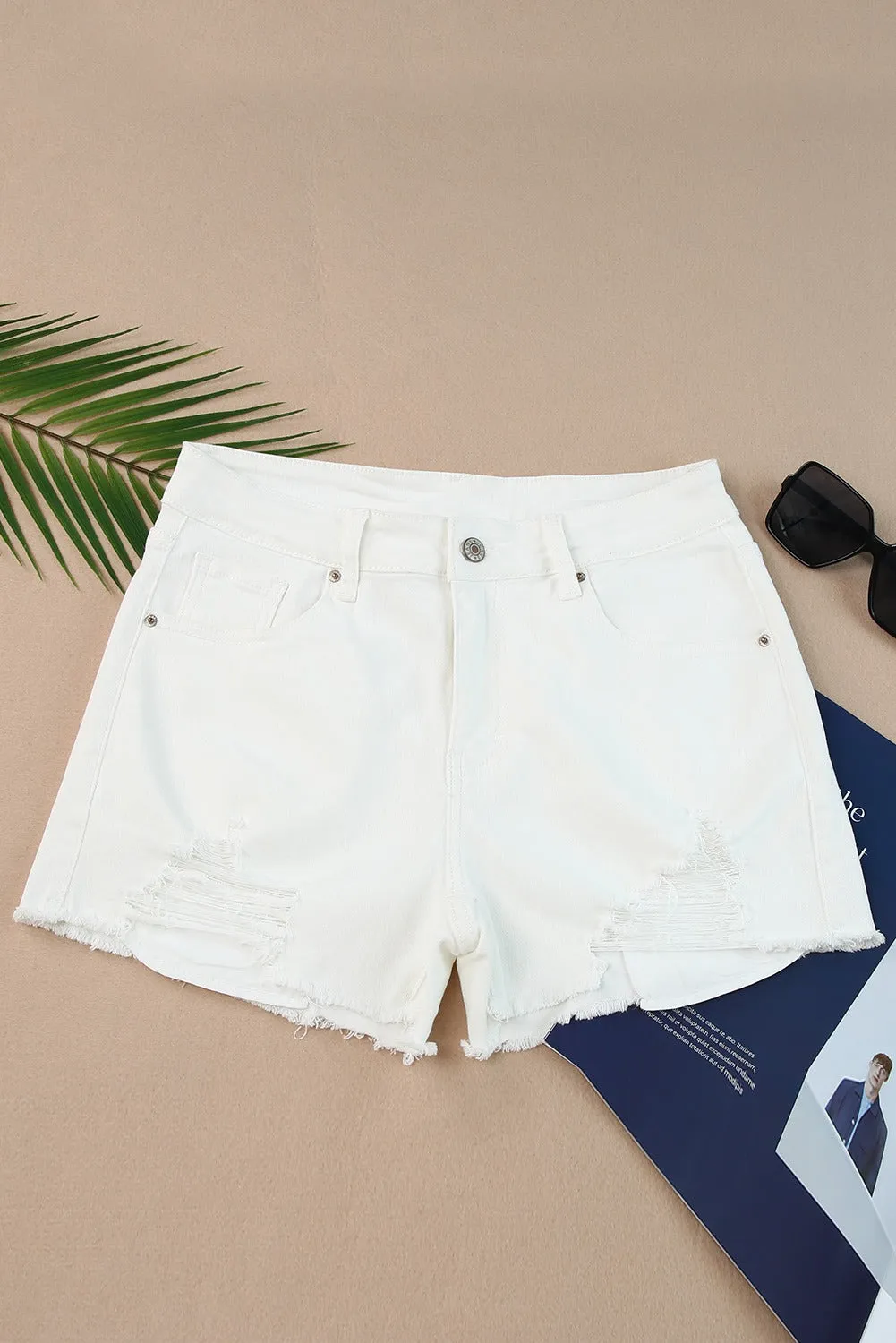 Frayed Hem Distressed Denim Shorts