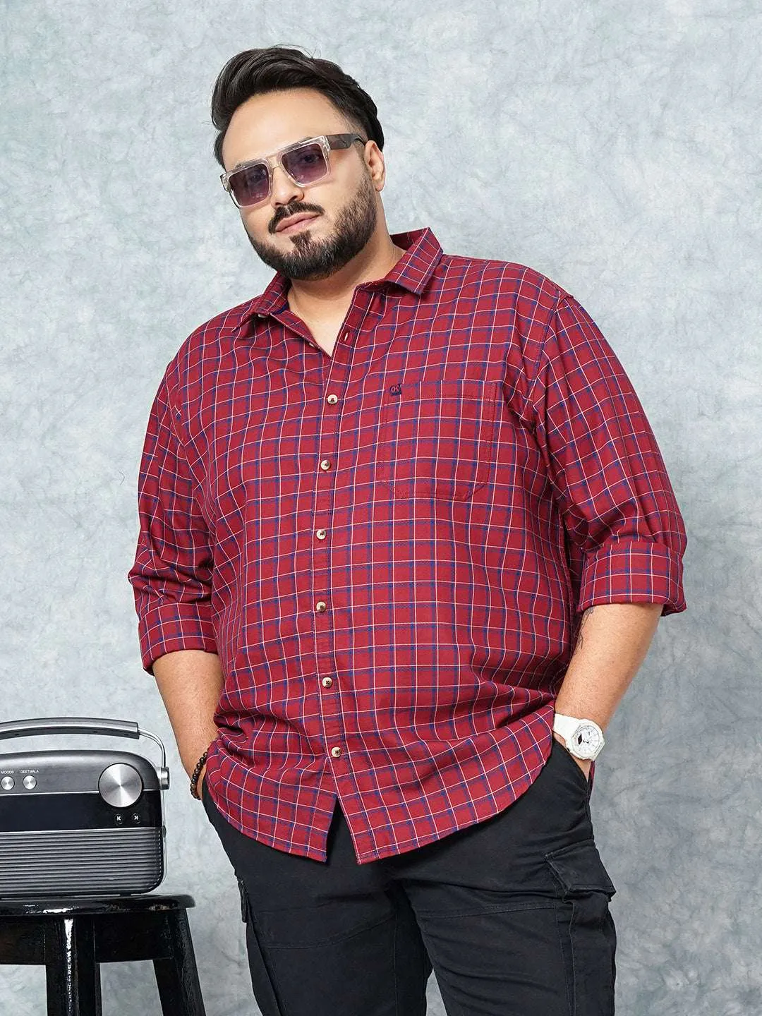 Hardsoda Men Red Plus Size Checked Casual Shirt