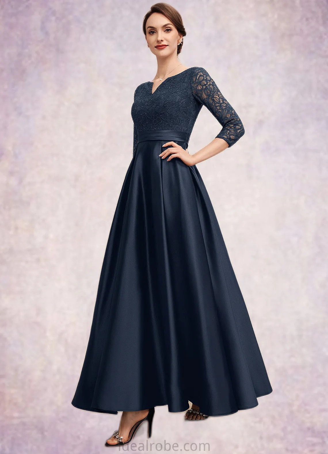 Jacquelyn A-Line V-neck Ankle-Length Satin Lace Mother of the Bride Dress With Beading STK126P0014545