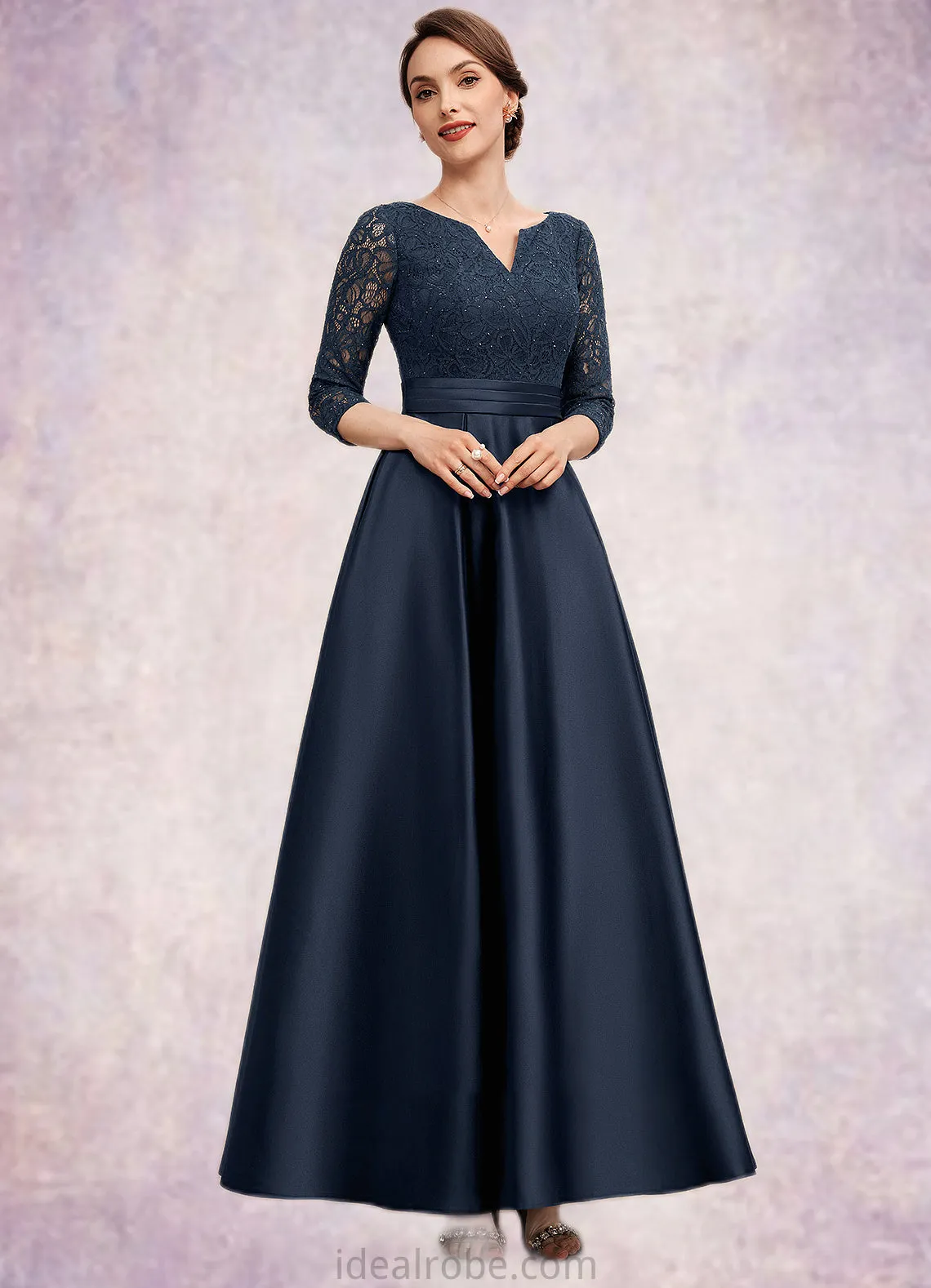 Jacquelyn A-Line V-neck Ankle-Length Satin Lace Mother of the Bride Dress With Beading STK126P0014545