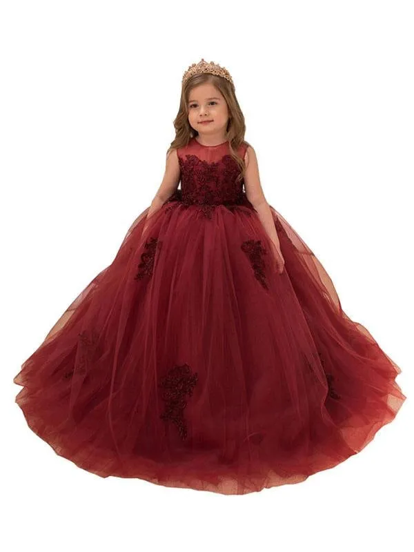 Jewel Neck Lace Sleeveless Flower Girl Dresses Ankle Length Ball Gown Applique Kids Pageant Dresses