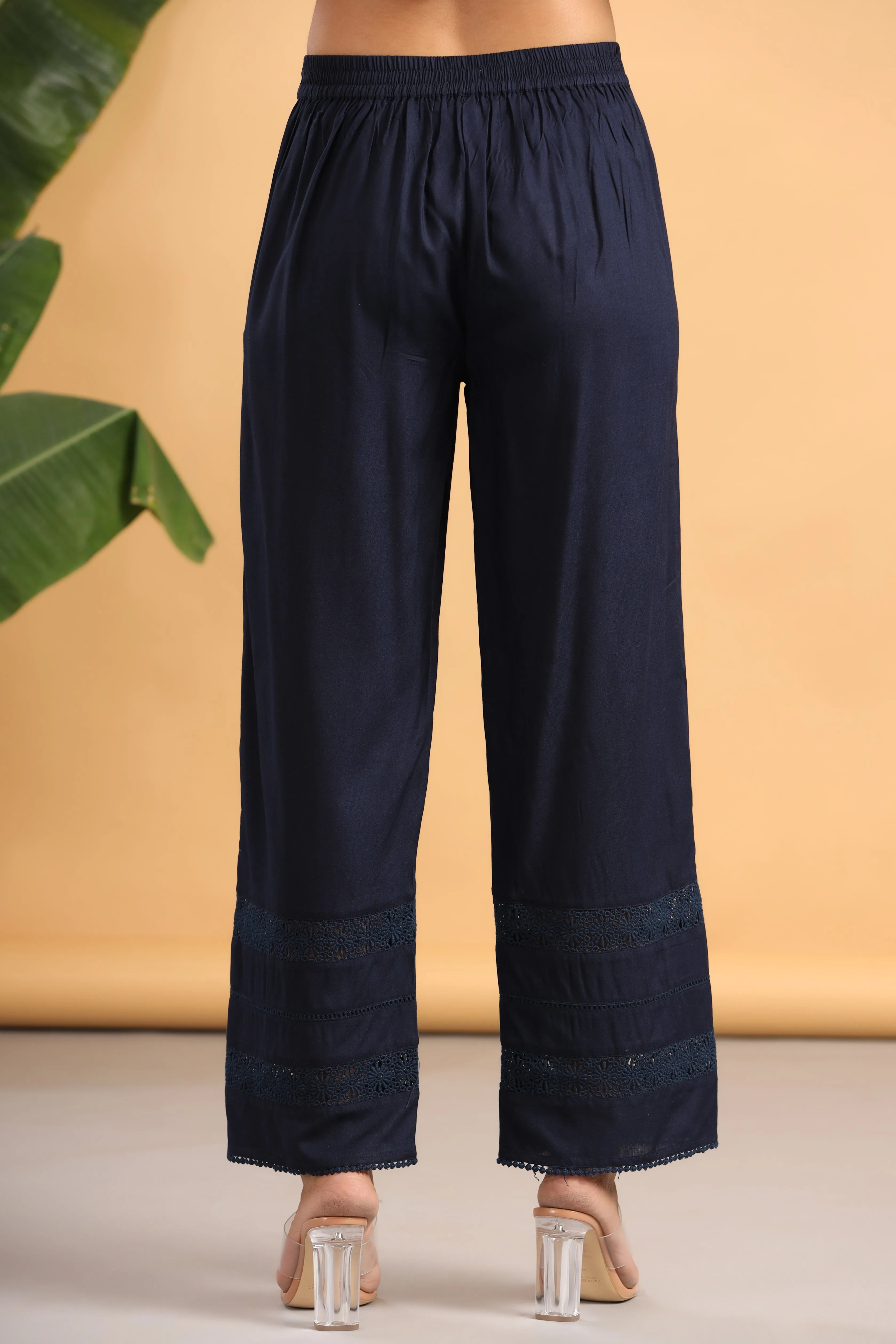 Juniper Navy Blue Solid Rayon Flared Ankle-length Palazzo.