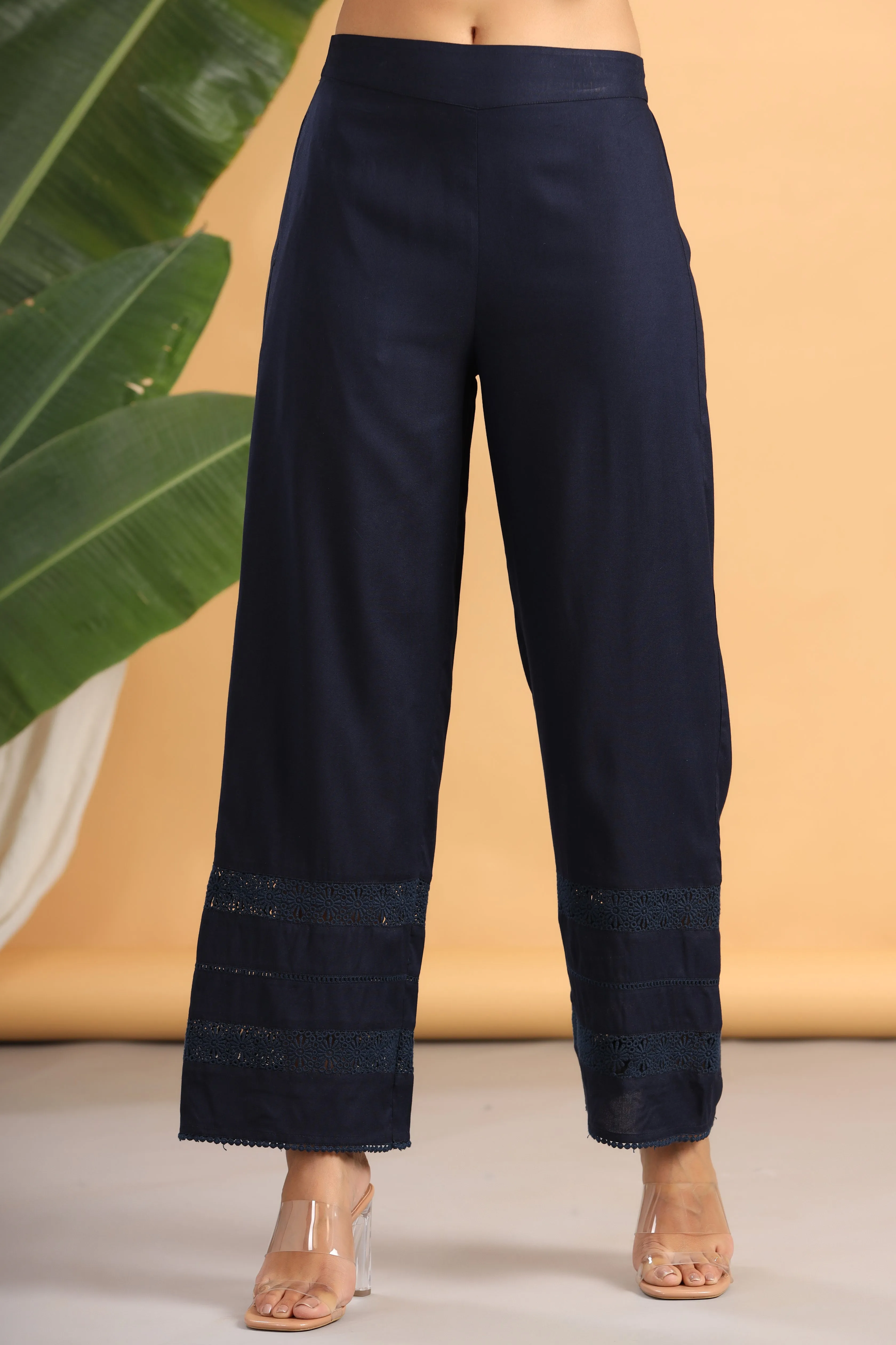 Juniper Navy Blue Solid Rayon Flared Ankle-length Palazzo.