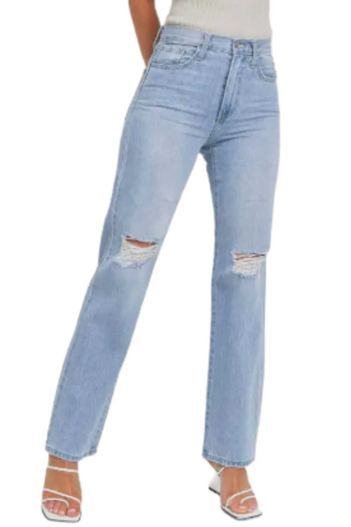 Knee Distressed Long Straight Leg Denim