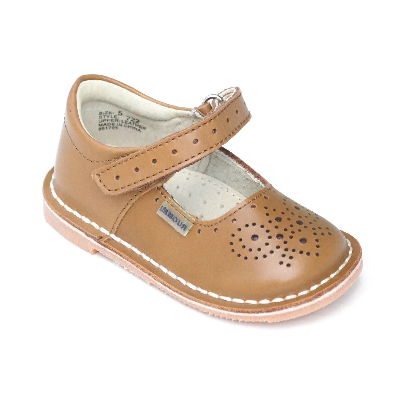 L'Amour Medallion Perforated Ankle Strap Leather Stitch Down Mary Janes