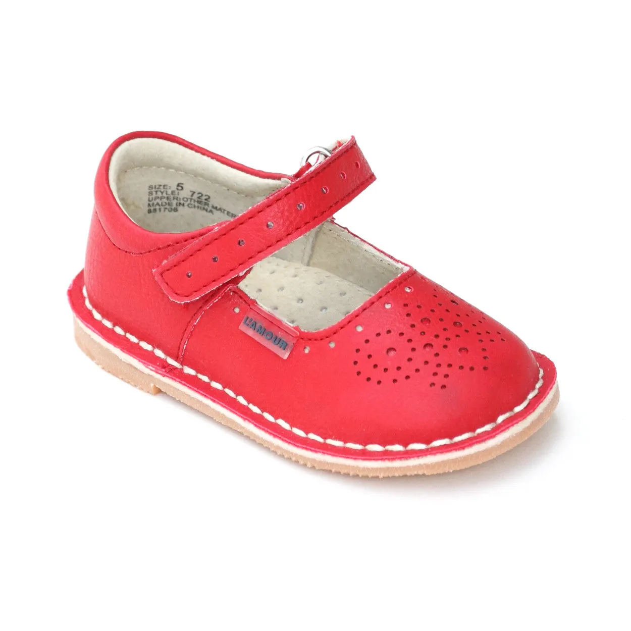 L'Amour Medallion Perforated Ankle Strap Leather Stitch Down Mary Janes