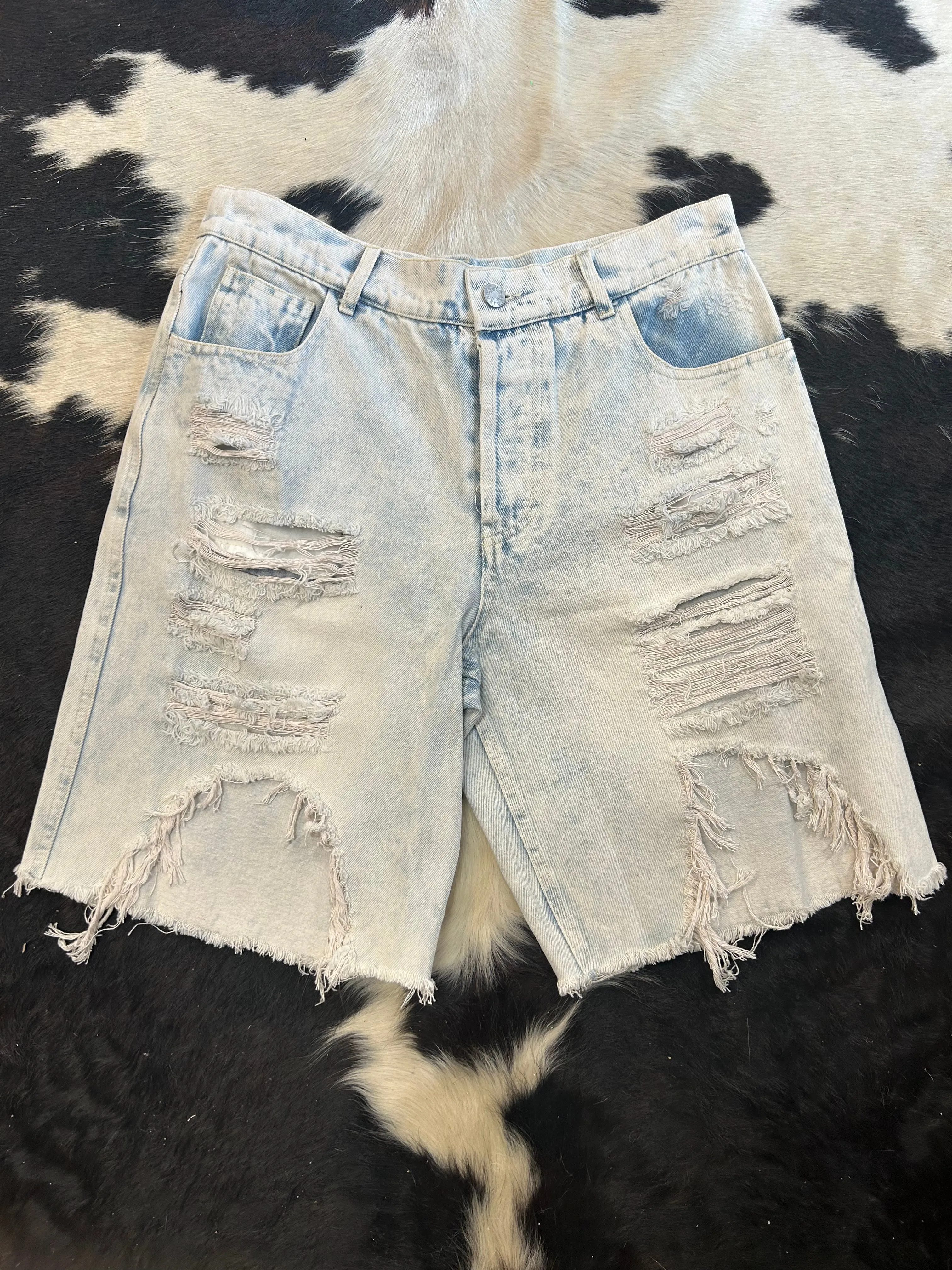 Long Light Wash Distressed Shorts