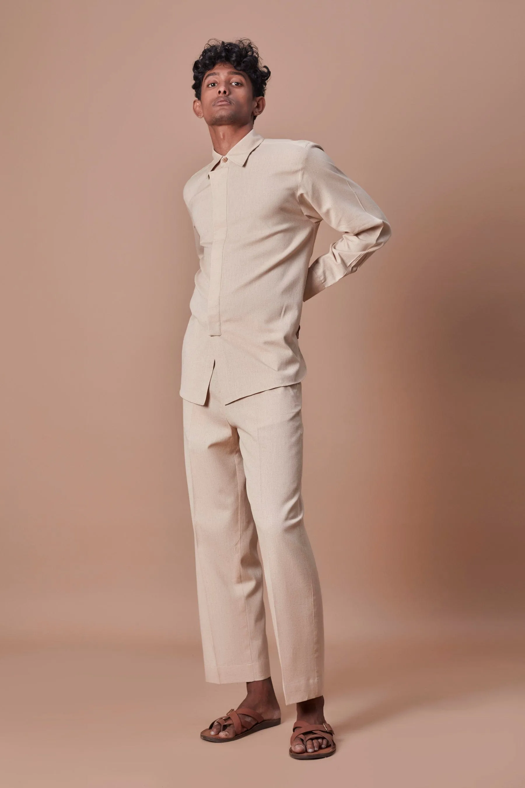 Mati Beige Placket Shirt & Ankle Pant Set (2 PCS)