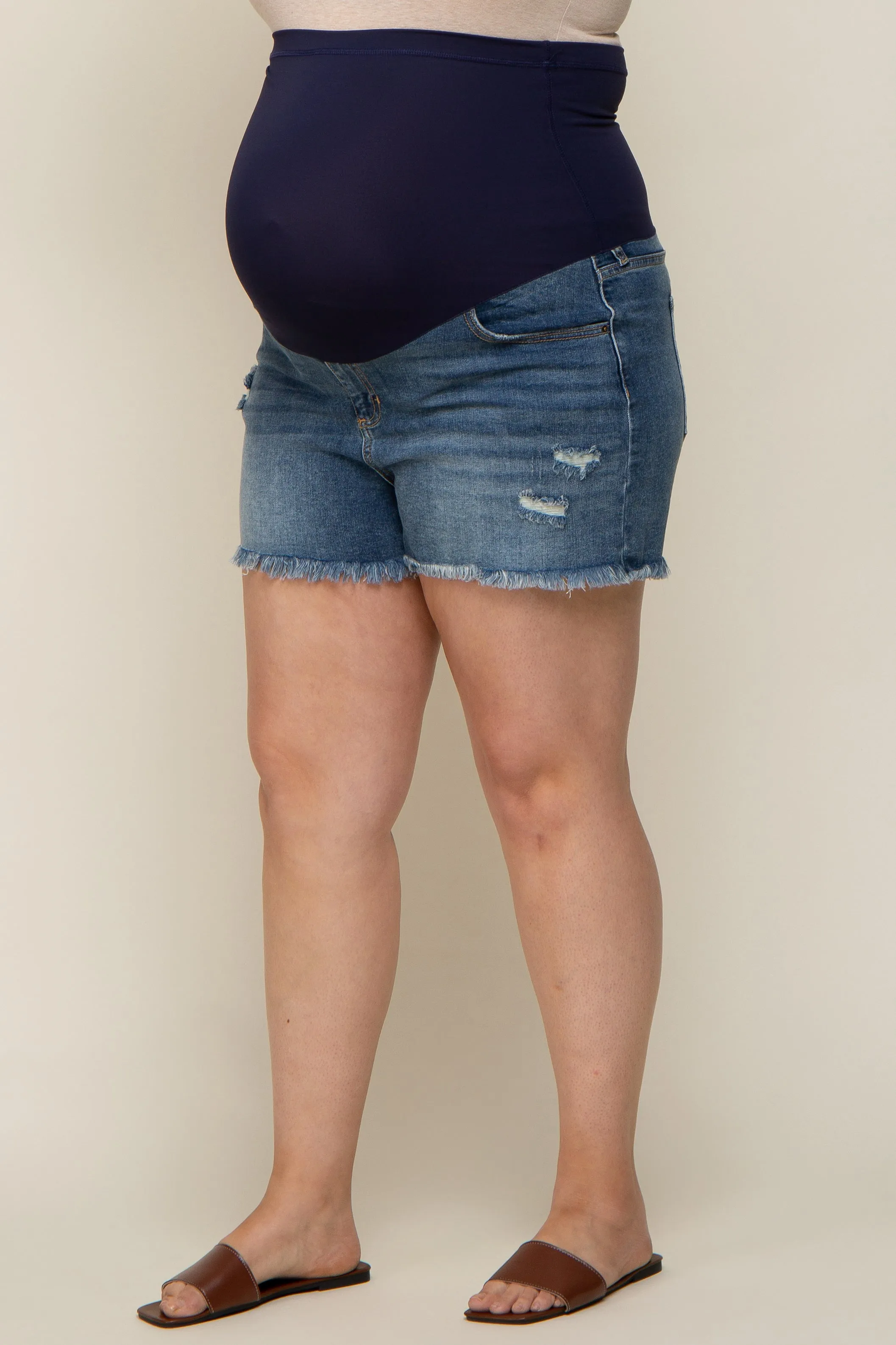 Navy Blue Distressed Fringe Maternity Plus Denim Shorts