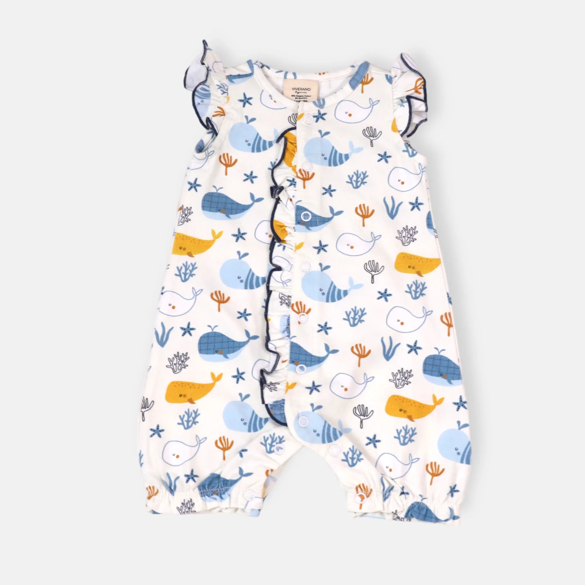 Ocean Whales Ruffle & Button Baby Romper (Organic Jersey)