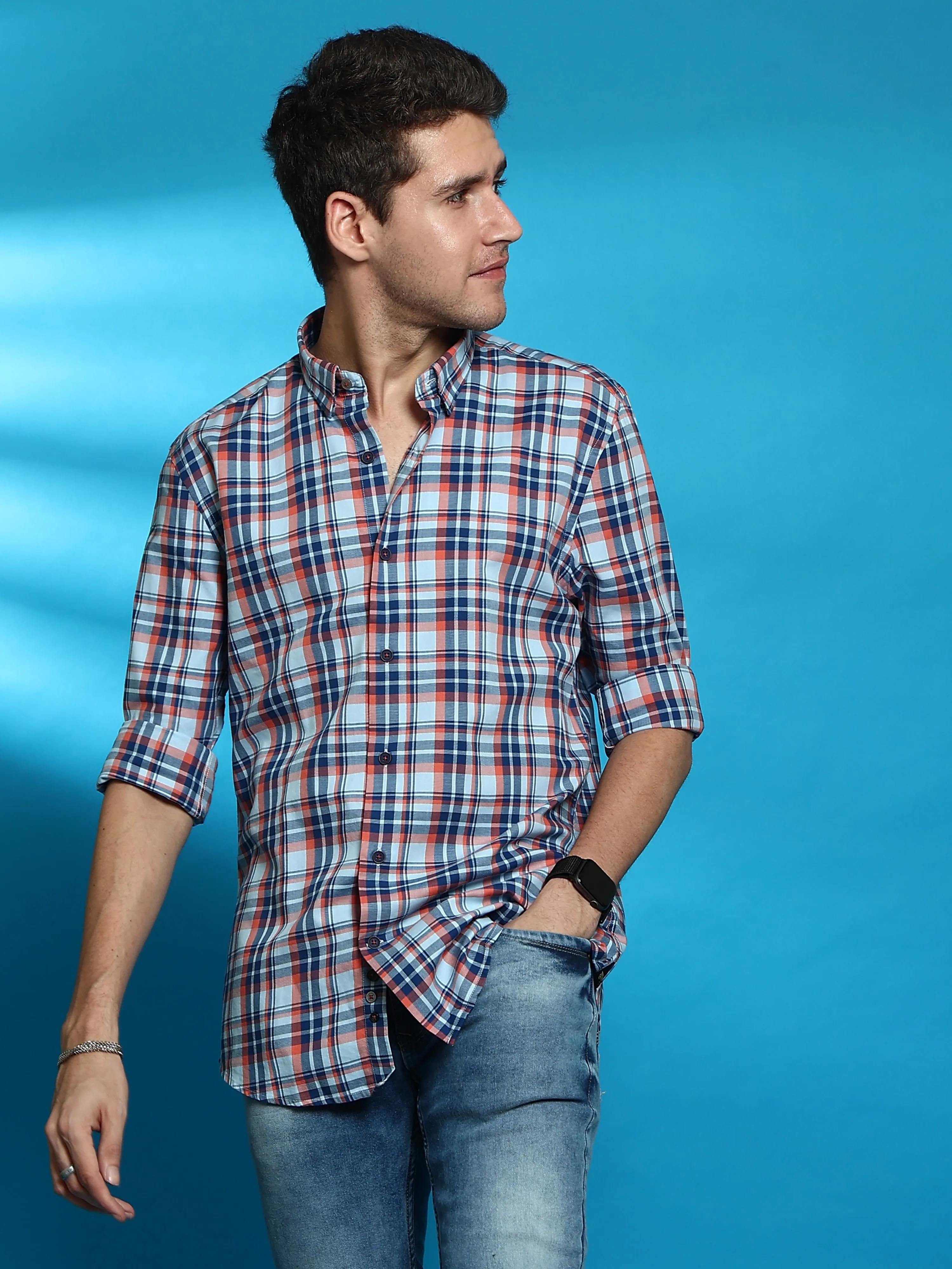 ORANGE BLUE SEMI CASUAL SHIRT