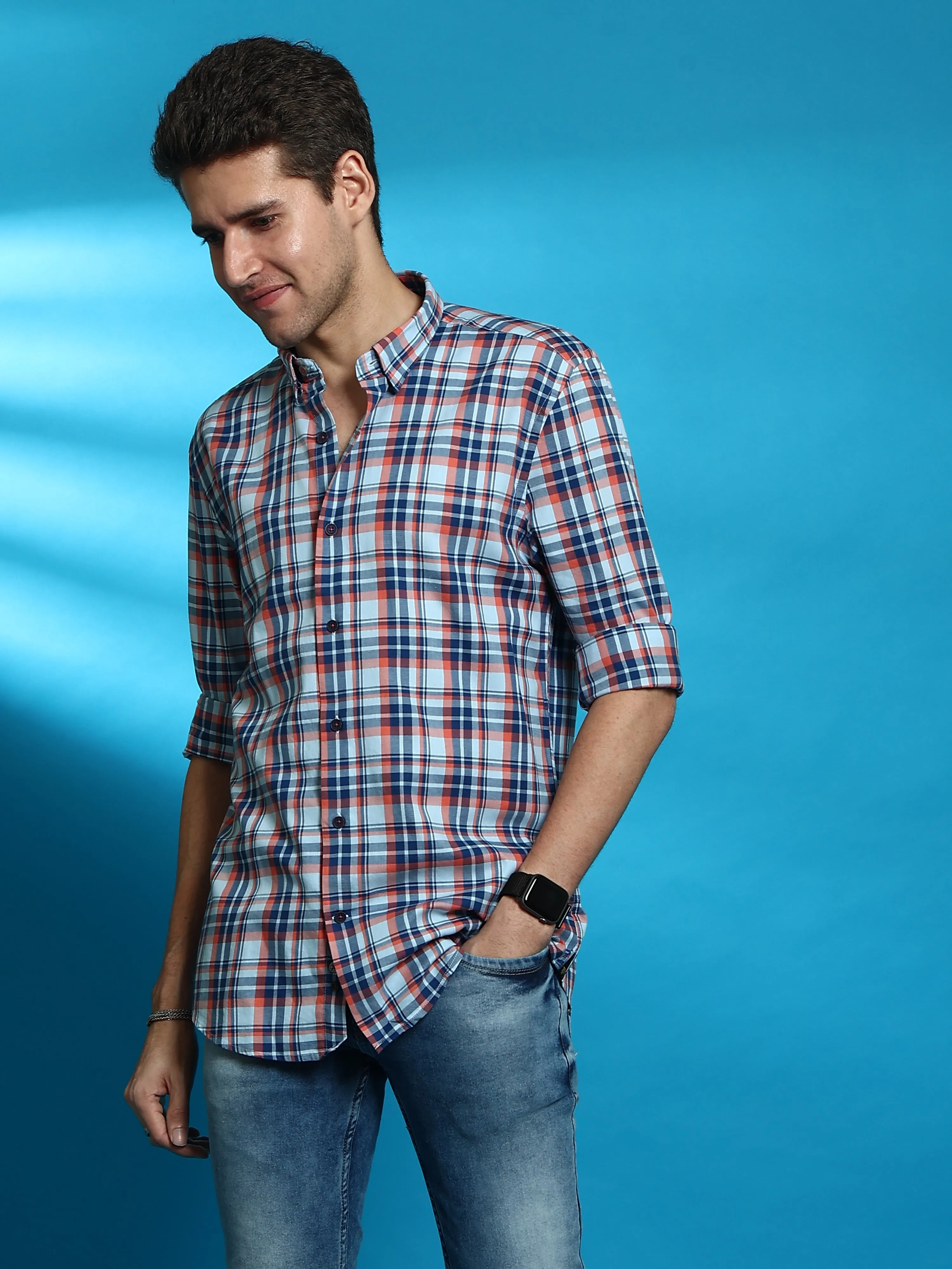 ORANGE BLUE SEMI CASUAL SHIRT