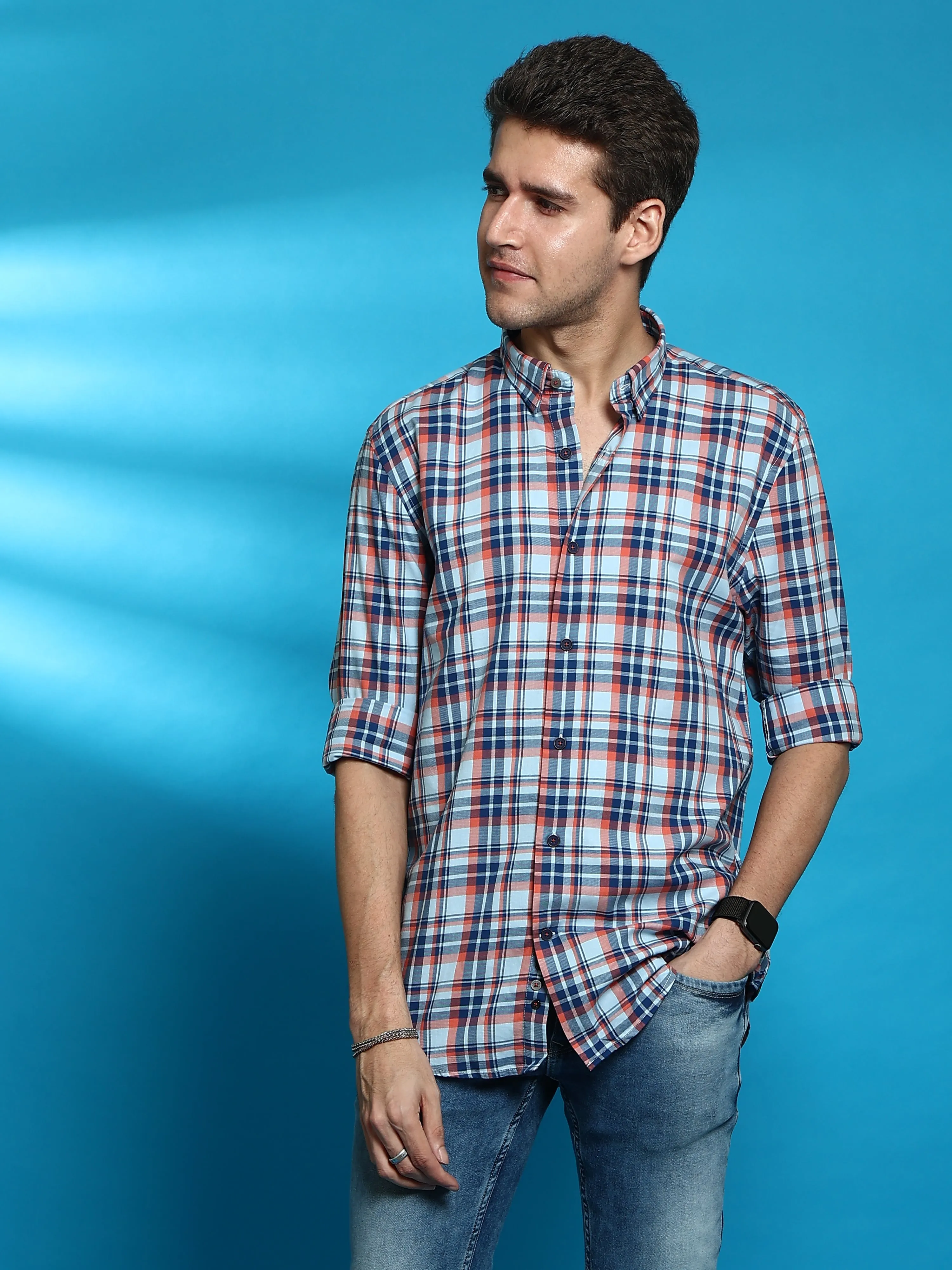 ORANGE BLUE SEMI CASUAL SHIRT