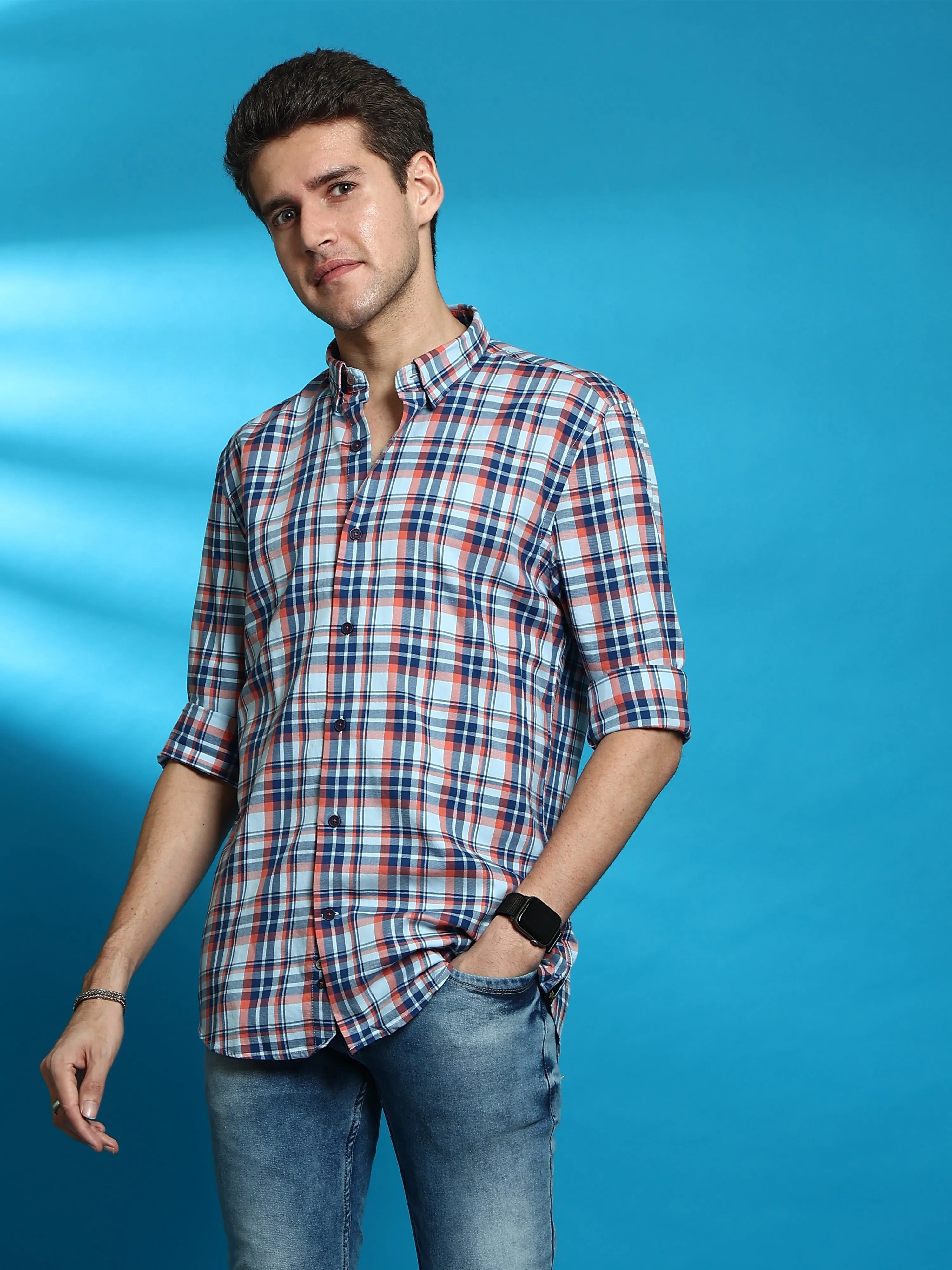 ORANGE BLUE SEMI CASUAL SHIRT