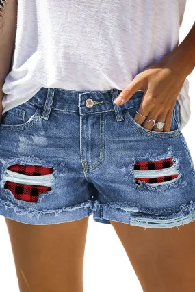 Plaid Denim Shorts Mid Rise Distressed Cuffed Jeans Shorts