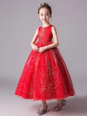 Red Flower Girl Dresses Tulle Sleeveless Ankle Length Princess Silhouette Embroidered Kids Party Dresses