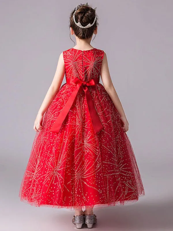 Red Flower Girl Dresses Tulle Sleeveless Ankle Length Princess Silhouette Embroidered Kids Party Dresses