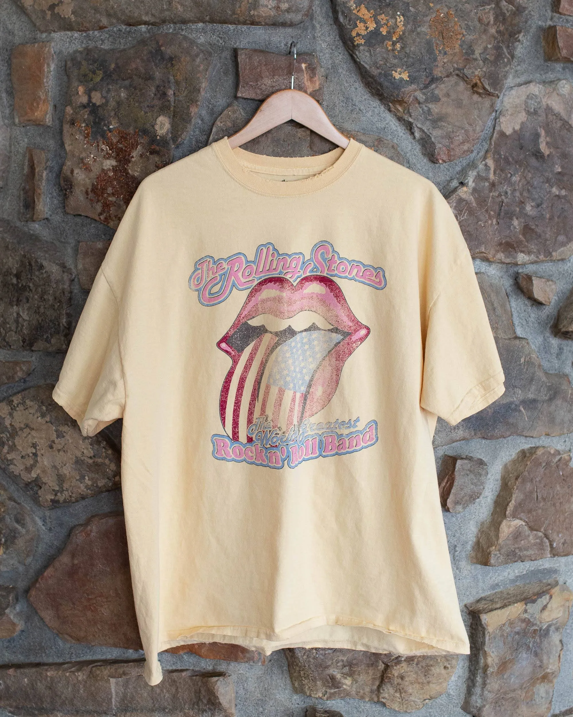 Rolling Stones World's Greatest Band Yellow Thrifted Distressed Tee