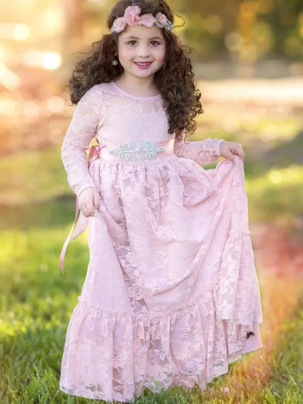 Round Neck Long Sleeve Flower Girl Pink Lace Ankle Length Kids Party Dresses