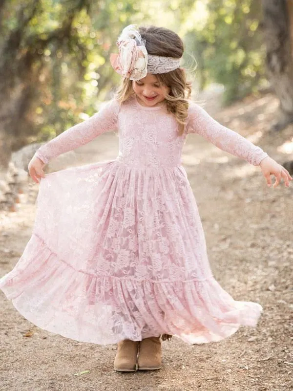 Round Neck Long Sleeve Flower Girl Pink Lace Ankle Length Kids Party Dresses