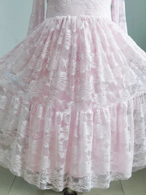 Round Neck Long Sleeve Flower Girl Pink Lace Ankle Length Kids Party Dresses