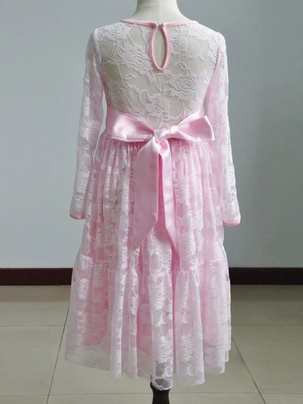 Round Neck Long Sleeve Flower Girl Pink Lace Ankle Length Kids Party Dresses