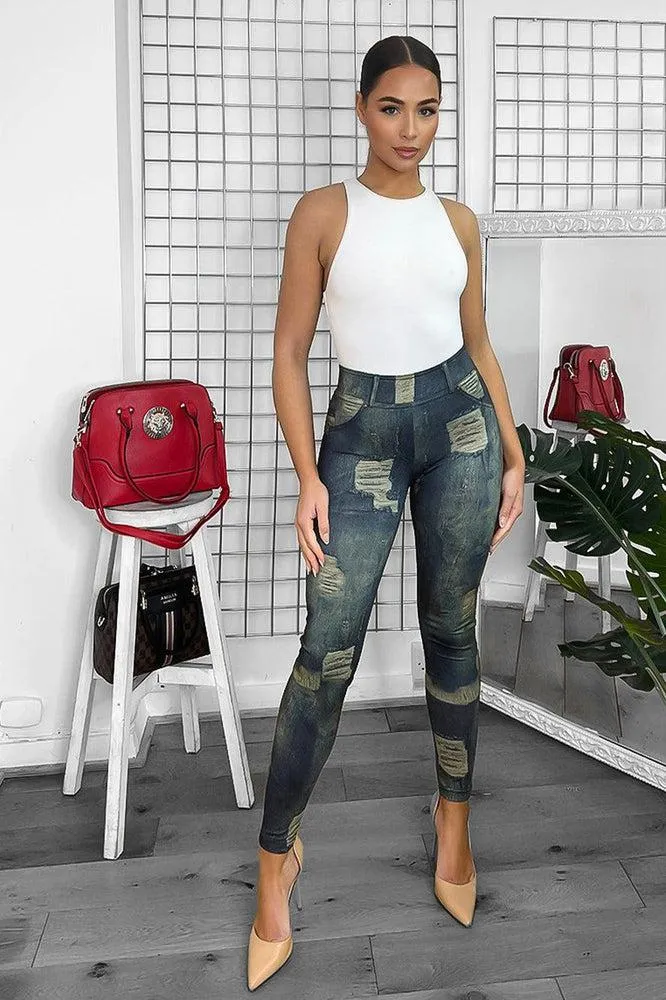 Soft Green Distressed Jeans Print High Waist Leggings