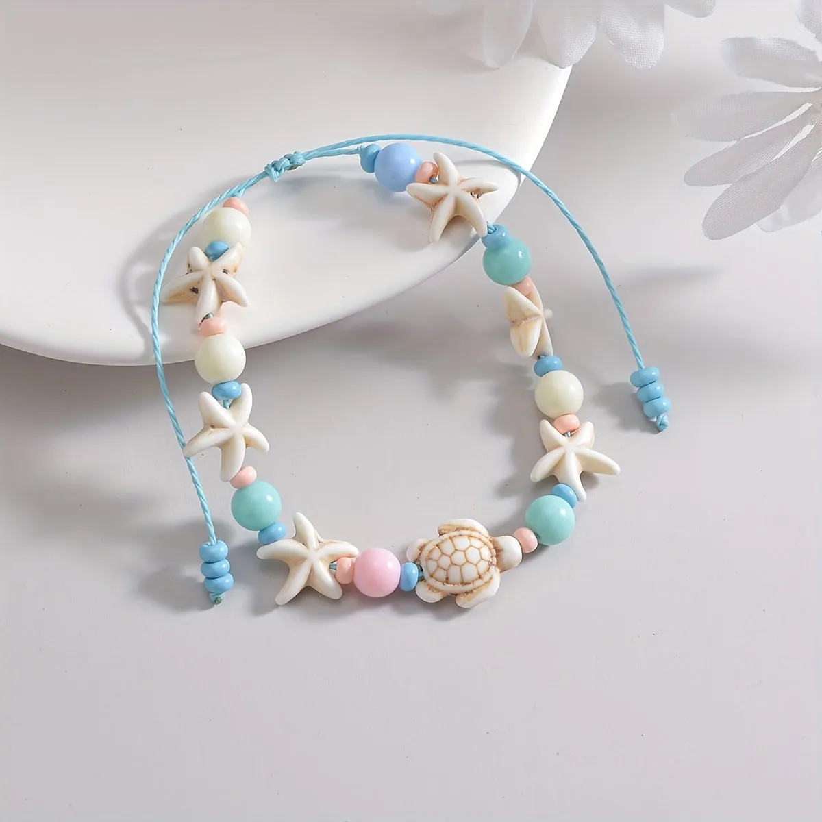 Turtle Starfish Shape Beads Beaded Anklet Boho Ocean Style Waterproof Wax Thread Ankle Bracelet