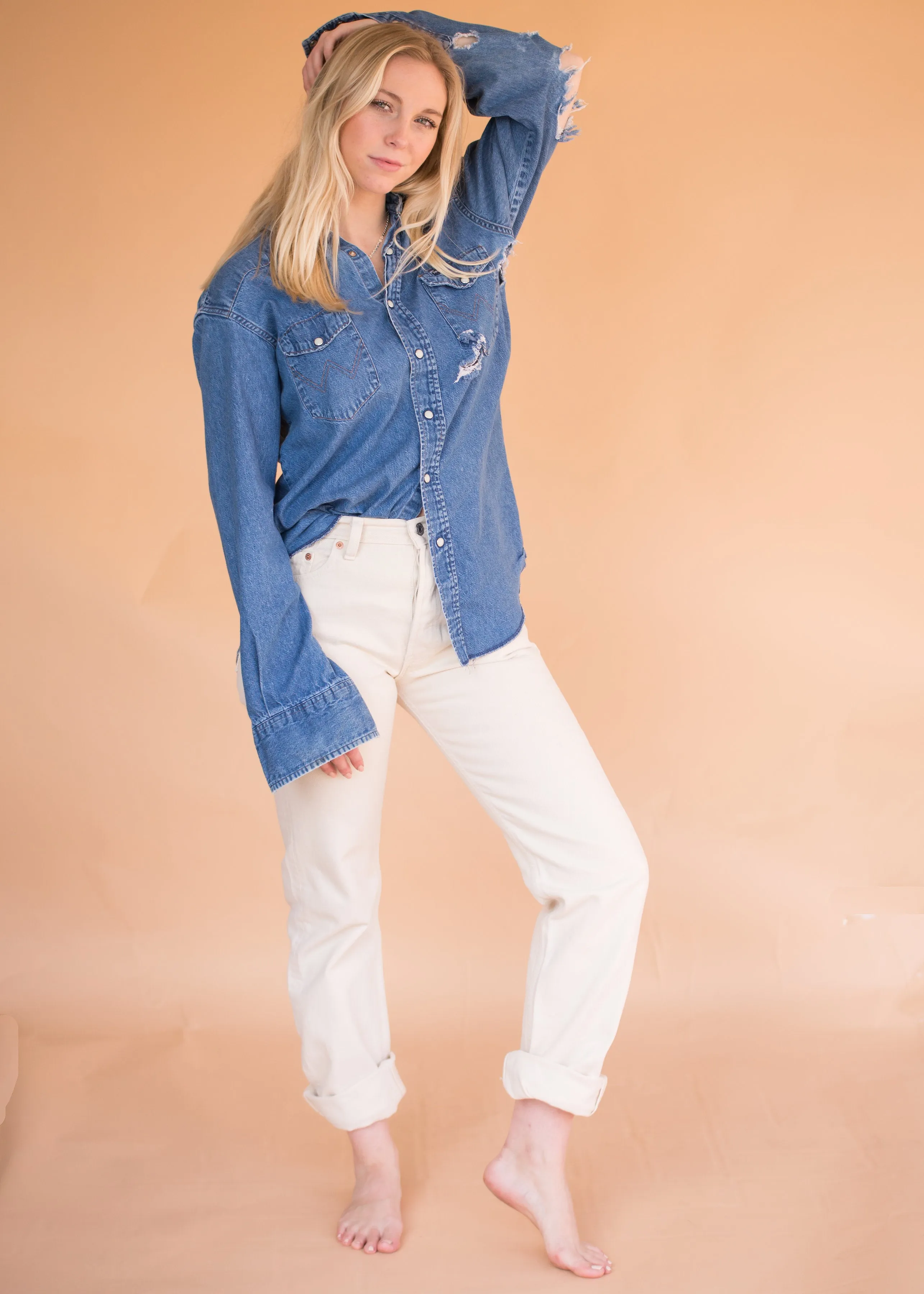 Vintage Distressed Wrangler Pearl Snap - Vintage Denim Shirt