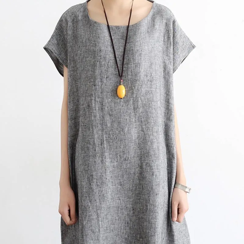 Women Solid Casual Summer Cotton Linen Short Sleeve Dress