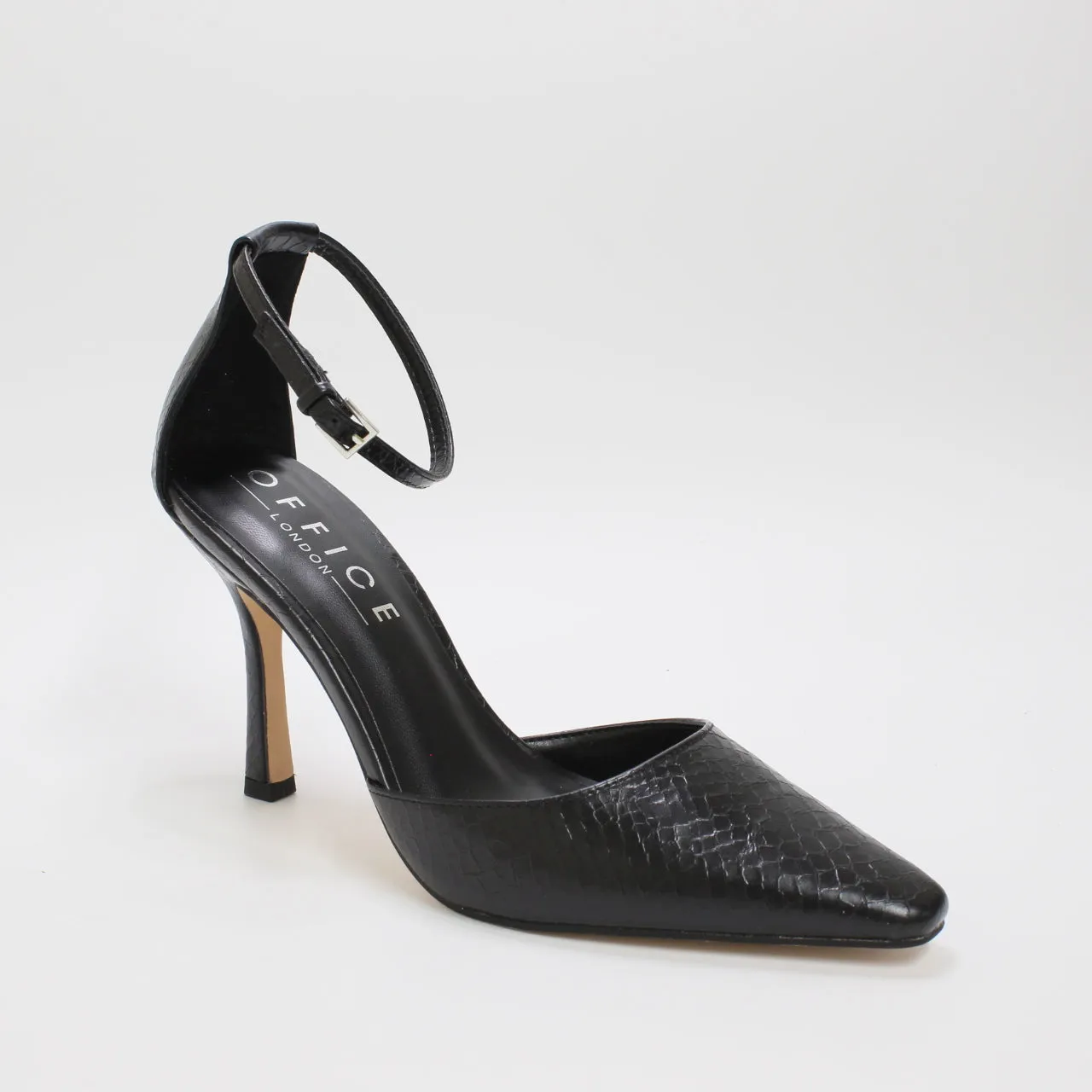 Womens Office Habit Chisel Toe Ankle Strap Courts Black Snake Print